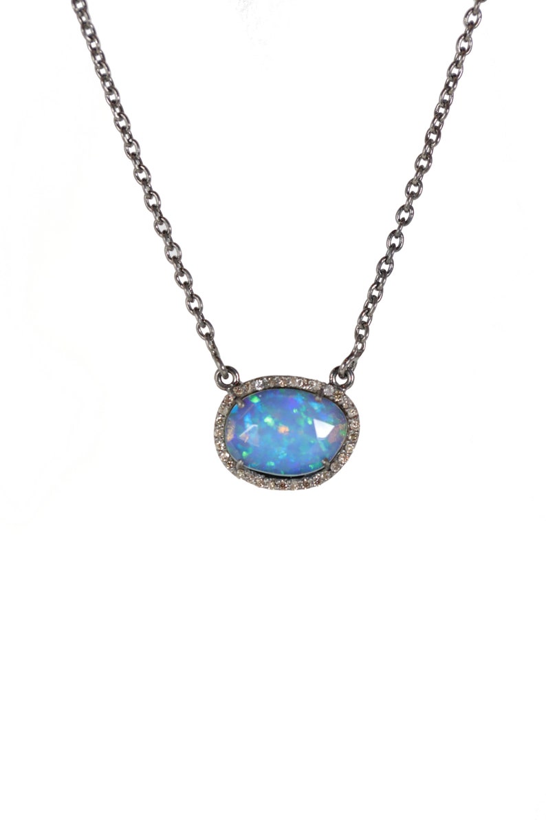 Diamond /& Opal Pendant Necklace In Yellow Gold Plated Silver .925 October Birthstone
