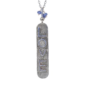 UNISEX LOVE Dog Tag Pendant Necklace* Pave Blue Sapphire*Oxidized Sterling Silver*Sapphire September Birthstone Birthday Gift Idea