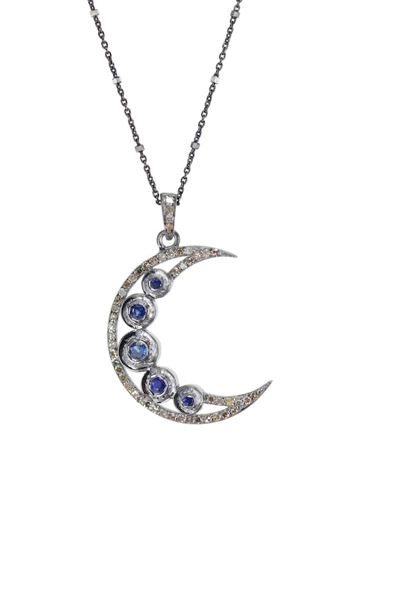 Genuine Blue Sapphire Pave Diamond Crescent Moon Necklace