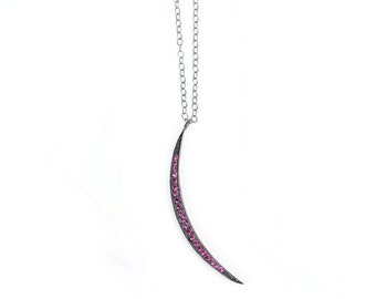 Pink Crystal Half Moon Crescent Pendant Necklace*Oxidized Sterling Silver*Stocking Stuffer*Christmas*Holiday*Hanukkah*Gift Idea*Celestial