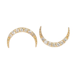 Diamond Crescent Moon Stud Earrings* 14k Gold Post* Gift Idea for Her*White Diamond Half Moon*Celestial*Graduation*Anniversary