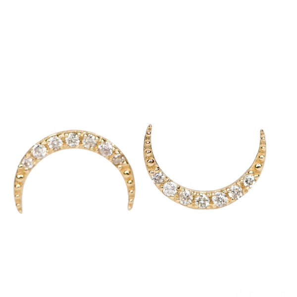 Diamond Crescent Moon Stud Earrings* 14k Gold Post* Gift Idea for Her*White Diamond Half Moon*Celestial*Anniversary*Christmas*Date*Holiday
