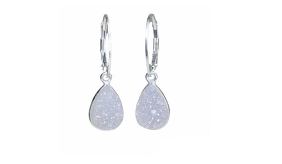 Dainty White Druzy Teardrop Earrings