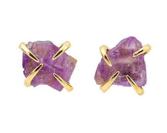 Raw Amethyst Prong Stud Earrings*February Birthstone*Birthday Gift For Her* Simple Modern Elegant Boho Earthy*Healing Crystal*Date*Holiday