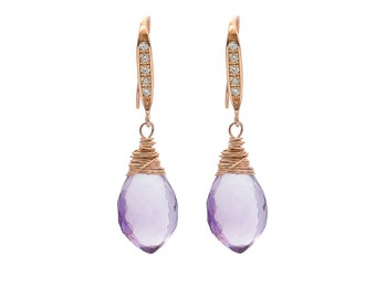 Amethyst Gemstone Briolette Earrings*Gem Quality Light Purple Amethyst*Rose Gold CZ Ear Wires*February Birthstone Birthday*Valentine's