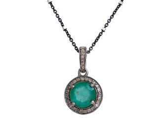 Genuine Emerald Diamond Gemstone Round Pendant Necklace*May Birthstone*Mothers Day Gift Idea*Graduation*Anniversary*Wedding*sterling silver