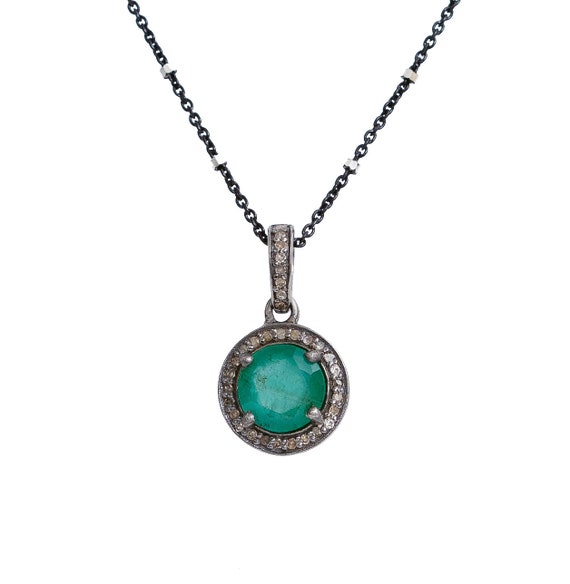 Genuine Emerald Diamond Gemstone Round Pendant Necklace*May Birthstone*Mothers Day Gift Idea*Graduation*Anniversary*Wedding*sterling silver