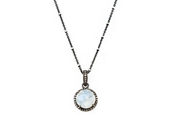 Rainbow Moonstone Necklace Genuine Pave Diamond Halo* Sterling Silver 925*June Birthstone Birthday Gift Idea*Wedding*Anniversary*Bridal