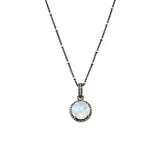 Rainbow Moonstone Necklace Genuine Pave Diamond Halo* Sterling Silver 925*June Birthstone Birthday Gift Idea*Wedding*Anniversary*Bridal