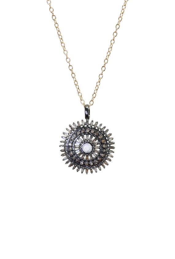 Rainbow Moonstone Baguette Diamond Burst Disc Necklace