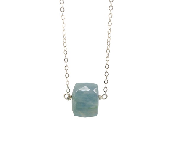 Aquamarine Gemstone Cube Pendant Necklace*Metal Choices*March Birthstone Birthday Gift Idea for Her*Anniversary*Date