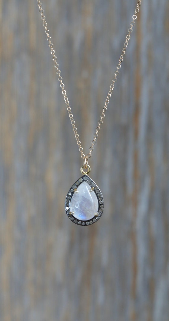 Rainbow Moonstone Pave Diamond Gemstone Teardrop Pendant Necklace