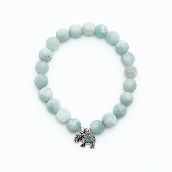 Aquamarine Diamond Elephant Bracelet*.925 Sterling Silver*Unisex  Jewelry*Holiday Stocking Stuffer Hanukkah Gift Idea March Birthstone