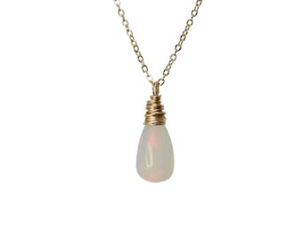 14k Gold White Ethiopian Welo Opal Gemstone Teardrop Necklace*Genuine Opal*Solid 14k Gold*October Birthstone Birthday Gift Idea*Wedding*Date