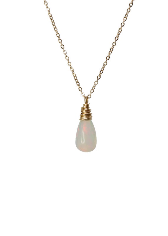 14k Gold White Ethiopian Welo Opal Gemstone Teardrop Necklace