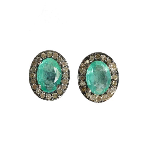 Oval Emerald Pave Diamond Gemstone Stud Earrings