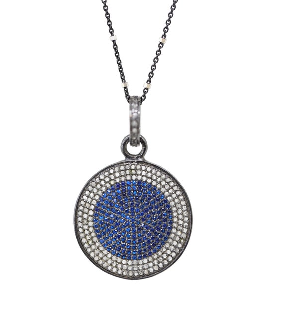 Pave Blue Sapphire and Diamond Medallion Pendant Necklace*.925 Oxidized Sterling Silver*September Birthstone Birthday Gift Idea