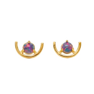Black Opal Stud Earrings*Curved Design*October Birthstone Birthday*Women&#39;s Jewelry Gift Idea*Gold*Holiday*Bridal*Anniversary*Winter Formal