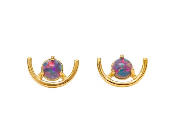 Black Opal Stud Earrings*Curved Design*October Birthstone Birthday*Women's Jewelry Gift Idea*Gold*Holiday*Bridal*Anniversary*Winter Formal