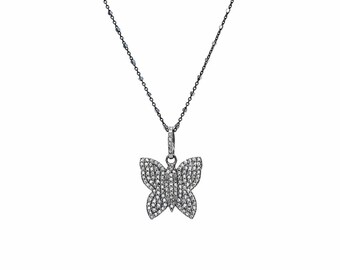 Genuine Pave Diamond Butterfly Pendant Necklace*Oxidized Sterling Silver .925*Holiday*Christmas*Stocking Stuffer*On Trend*Unisex