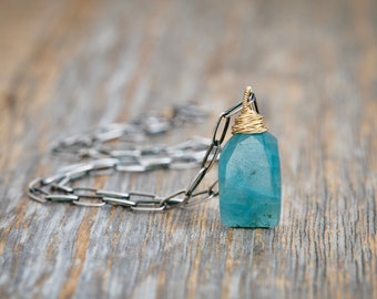 Large Aqua Blue Green Aquamarine Grandidierite Pendant Necklace*Rare*14k Gold Filled*Mixed Metal*Nadean Designs*Paperclip Chain