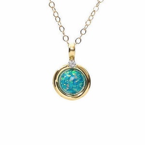 Marine Blue Opal Gemstone Round Pendant Necklace*14k Gold Filled*Women's Jewelry*October Birthstone Birthday Gift*Formal*Holiday*Christmas