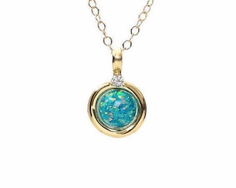 Marine Blue Opal Gemstone Round Pendant Necklace*14k Gold Filled*Women's Jewelry*October Birthstone Birthday Gift*Formal*Holiday*Christmas