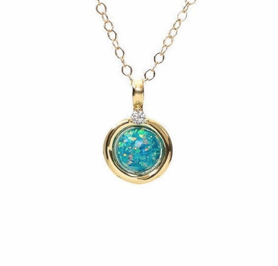 Marine Blue Opal Gemstone Round Pendant Necklace