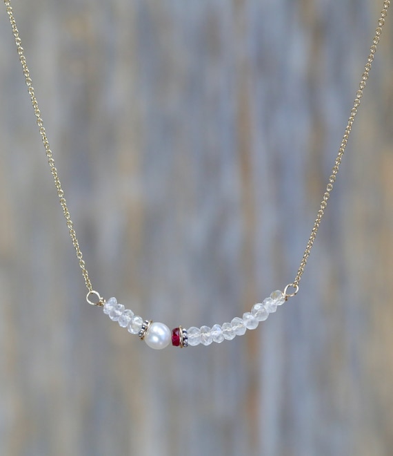 Genuine Rainbow Moonstone Ruby Pearl Gemstone Bar Necklace