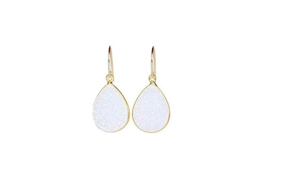 White Druzy Gemstone Teardrop Earrings