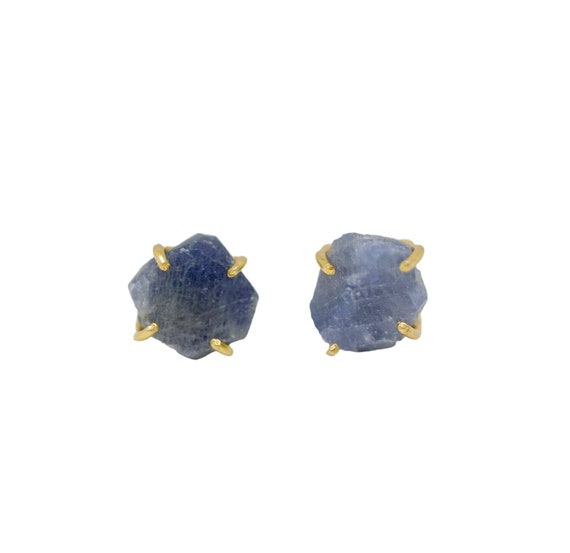 Raw Blue Sapphire Gemstone Stud Earrings*Prong Set in 14k Gold on Sterling Silver*Gift Idea*September Birthstone Birthday Gift Idea Holiday