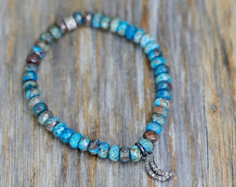 Diamond Moon Turquoise Blue Jasper Stretch Bracelet*Sterling Silver 925*Unique Women's Gift Idea*Stacking*Celestial*Date*Luna*Valentine's