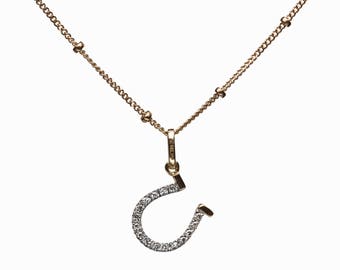 Pave Diamond Horseshoe Necklace*Lucky*Solid 14 Karat Gold*White Diamond Horseshoe*Fine Jewelry*Christmas*Western*Rodeo*Holiday