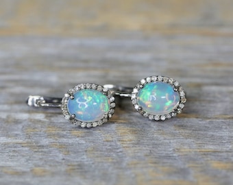 Ethiopian Welo Opal Diamond Drop Earrings*Oxidized Sterling Silver*Pave Diamond Halo Earring* Holiday*Christmas Gift*Nadean Designs