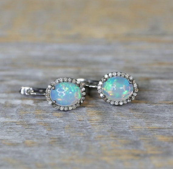 Ethiopian Welo Opal Diamond Drop Earrings