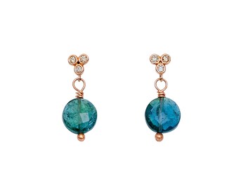 Small Blue Tourmaline- Indicolite Tourmaline Gemstone Diamond Earrings- Solid 14 karat ROSE gold-One of a Kind-Diamond post earring