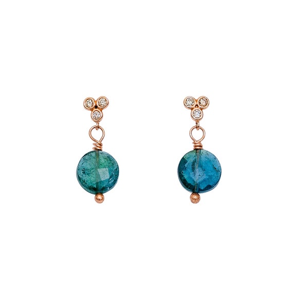 Small Blue Tourmaline- Indicolite Tourmaline Gemstone Diamond Earrings- Solid 14 karat ROSE gold-One of a Kind-Diamond post earring