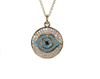 Evil Eye Necklace Protection Disc Pendant Medallion*14k Gold Filled*Turquoise*December Birthstone*Gift Idea*Holiday*Stocking Stuffer