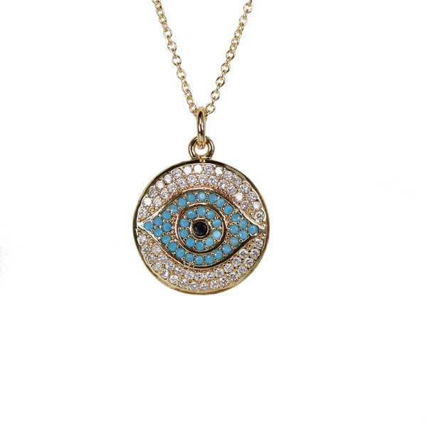 Evil Eye Necklace Protection Disc Pendant Medallion*14k Gold Filled*Turquoise*December Birthstone*Gift Idea*Holiday*Stocking Stuffer