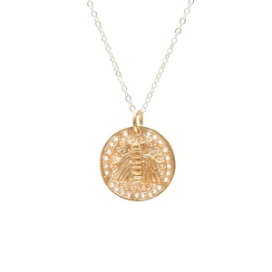 Honig Bienen Medaillon Halskette*14k Gold Filled*Bienen Anhänger*Totem*Echte Diamanten- Sommer Mode - Einzigartige Geschenkidee