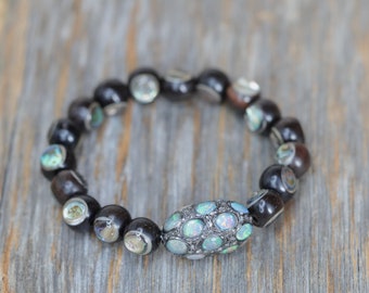 Opal Diamond Bracelet*Abalone Wood Bracelet Pave Diamond*Mothers Day* Graduation* Wedding* Unisex Gift Idea