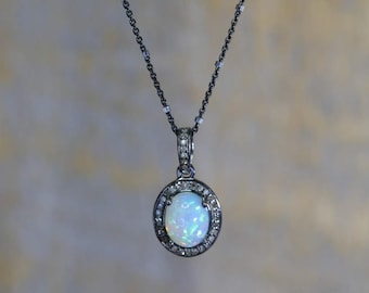 Opal Diamond Oval Pendant Necklace*925 Sterling Silver*Pave Diamonds*7x9mm opal*Genuine Opal-Diamonds* Unique Gift Idea