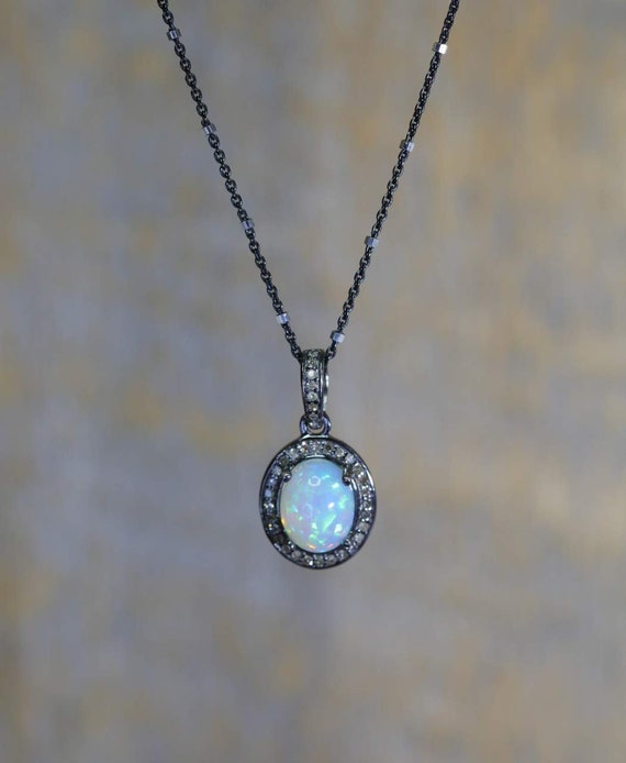 Opal Diamond Oval Pendant Necklace*925 Sterling Silver*Pave Diamonds*7x9mm opal*Genuine Opal-Diamonds* Unique Gift Idea