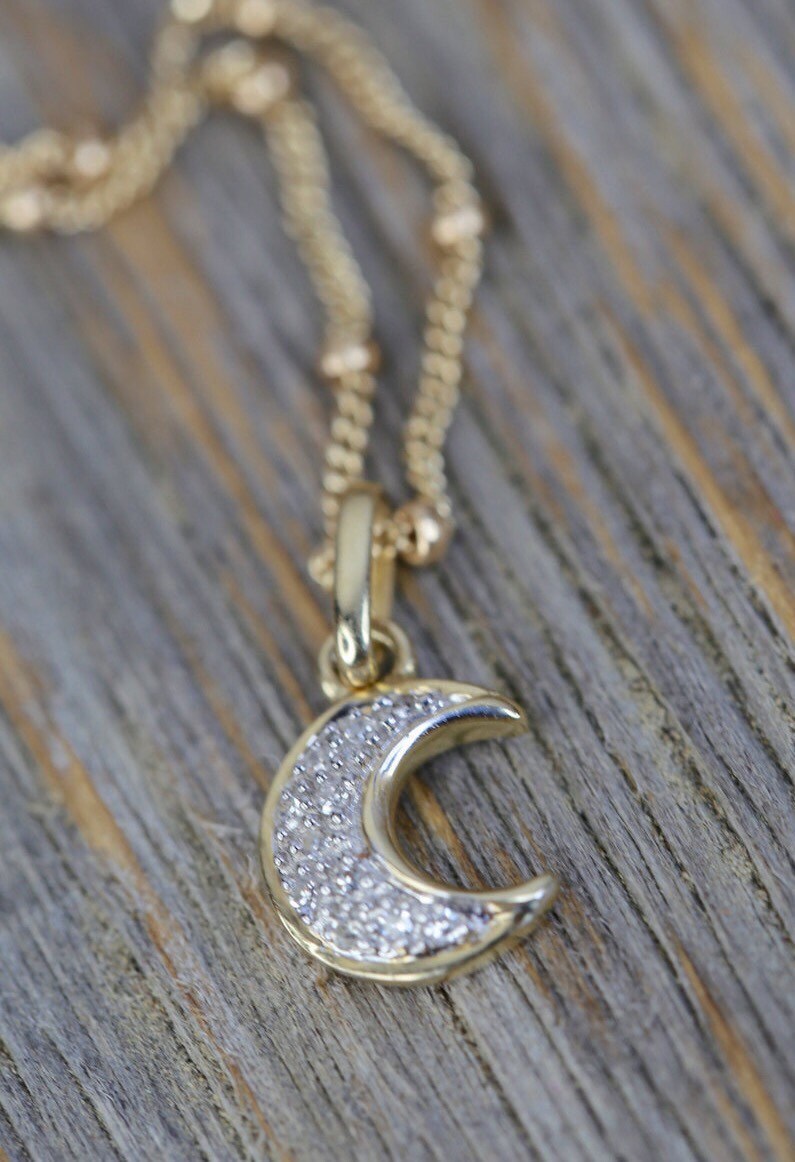 On Diamond Small Crescent Moon Necklace Solid 14karat Gold White Gifts For Her Womens Gift