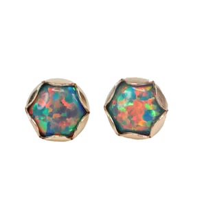 Black Opal Gemstone Stud Earrings*Women&#39;s Jewelry* 6mm* 14k Gold Filled Bezel*October Birthstone Gift Idea*Winter Formal*Colorful*Holiday