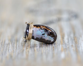 Large Raw Australian Boulder Opal Gemstone Pendant Necklace*Mixed Metal*October Birthstone Birthday Gift Idea*Holiday*Women's Unisex Jewelry
