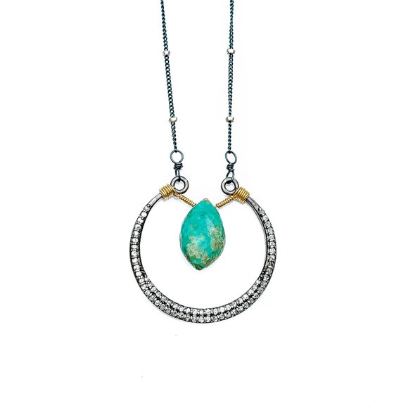 Turquoise Pave Diamond Gemstone Crescent Moon Pendant Necklace