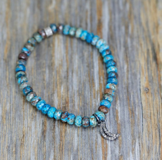 Diamond Moon Charm Turquoise Gemstone Stretch Bracelet