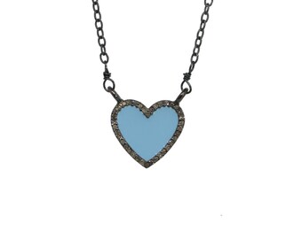 Sky Blue Pave Diamond Halo Heart Pendant Necklace*Oxidized Sterling Silver*Valentine's Day Gift Idea*Lover*Anniversary