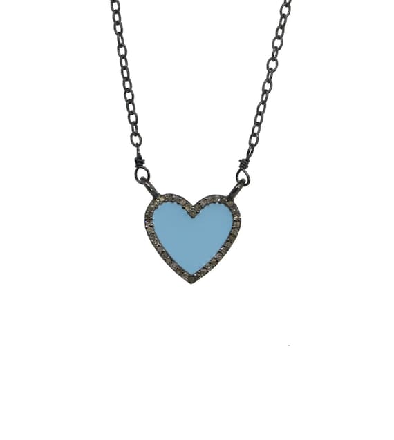 Sky Blue Pave Diamond Halo Heart Pendant Necklace*Oxidized Sterling Silver*Valentine's Day Gift Idea*Lover*Anniversary